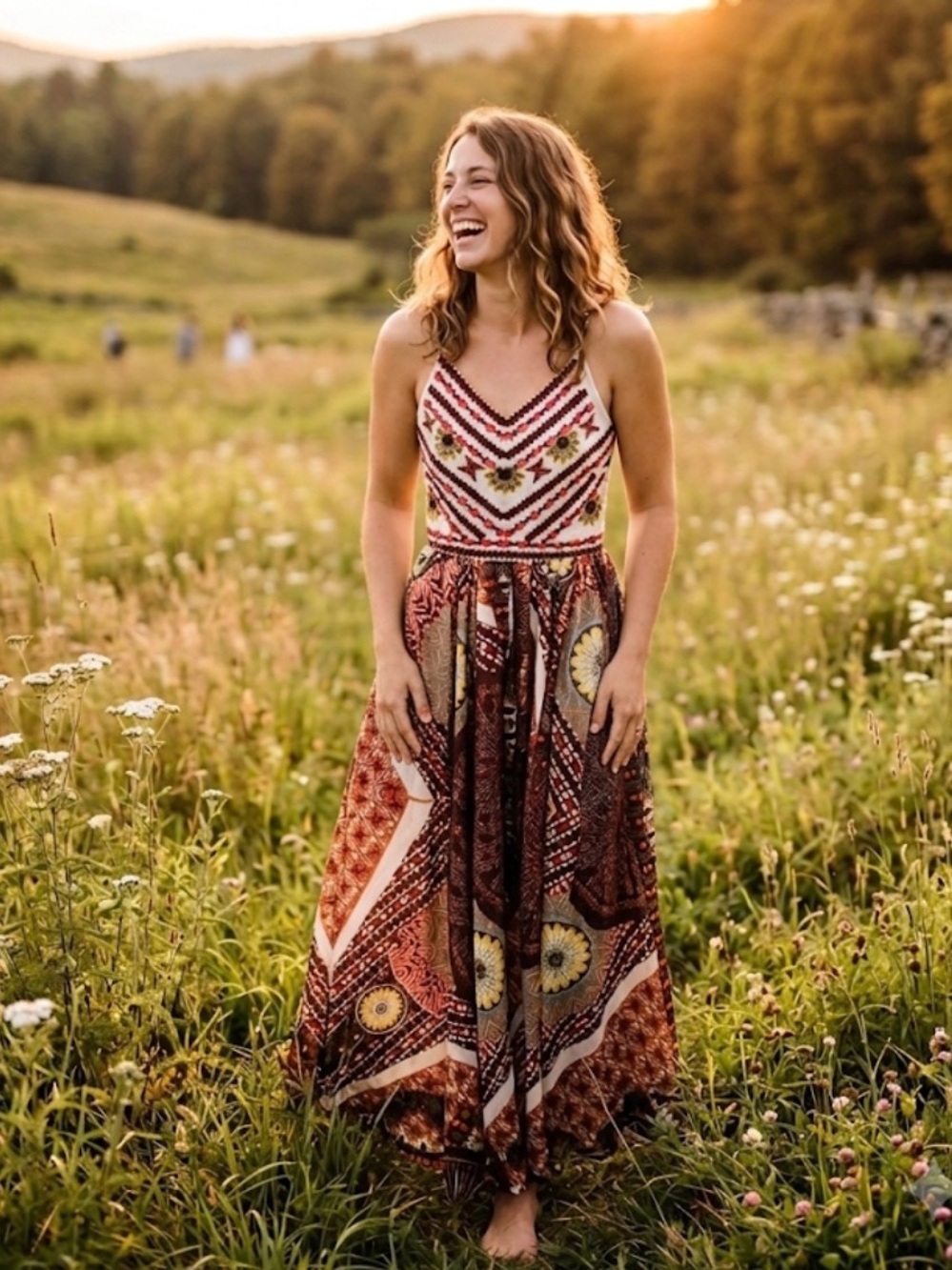 Moon Orchid Dress Med Boho Maxi Spaghetti Strap Tribal Floral Print Festival